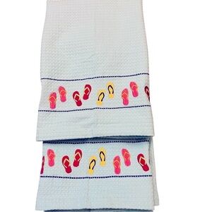 NWT Set of 4 Tag Ltd Aqua Cotton Waffle Dish Towels w Embroidered Flip Flops